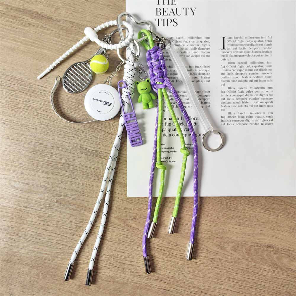 Adorable Fruit Green Crocheted Rope Tennis Racket Keychain with Cute Frog Charm