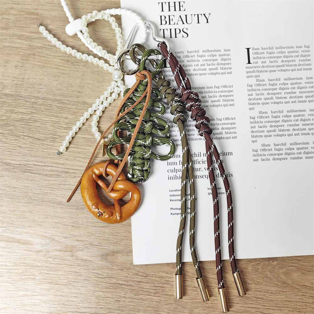 Christmas Tree Braided Rope bag charm with Alkaline Water Bread Knots Pearl Bow Keychains