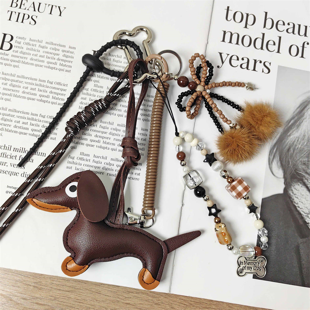 Maximalism Brown Series Sausage Dog Charm with Bow and Pom-Pom