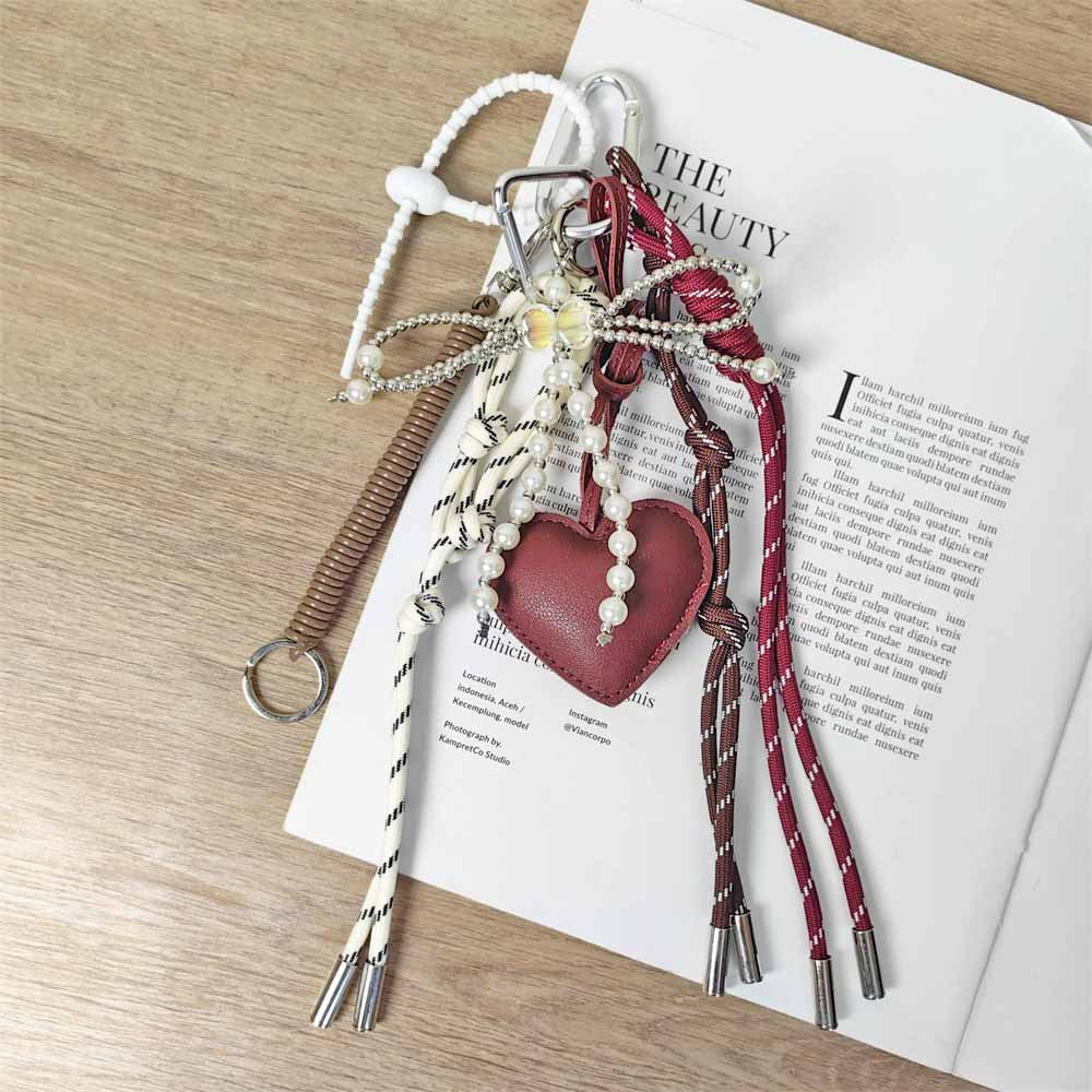 Bag Charm: Burgundy Leather Heart & Pearl Bow Keychain