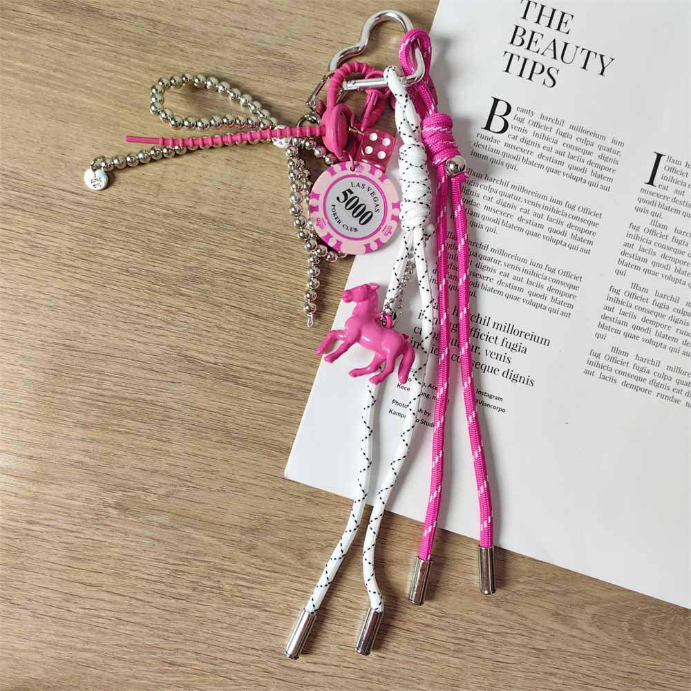 Y2K Rose Pink Chip Charm with Silver Bow Chain Keychain & Bag Pendant
