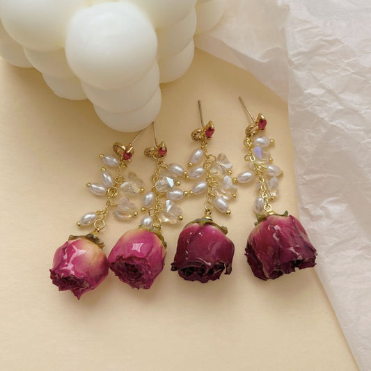 Preserved Flower Rose Pearl Earrings - love & happiness