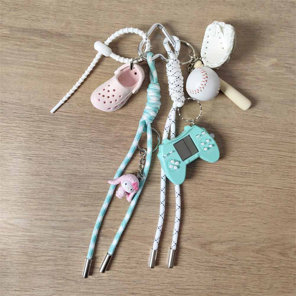 Macaron Color Game Console Keychain, Mini Crocs, Cinnamon Dog, Baseball, Braided Rope Bag Charm