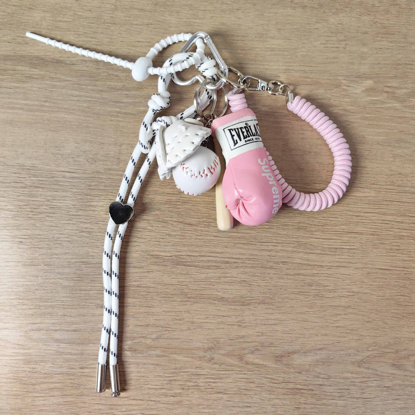 Pink Boxing Glove Keychain with White Baseball Charm & Spring Rope