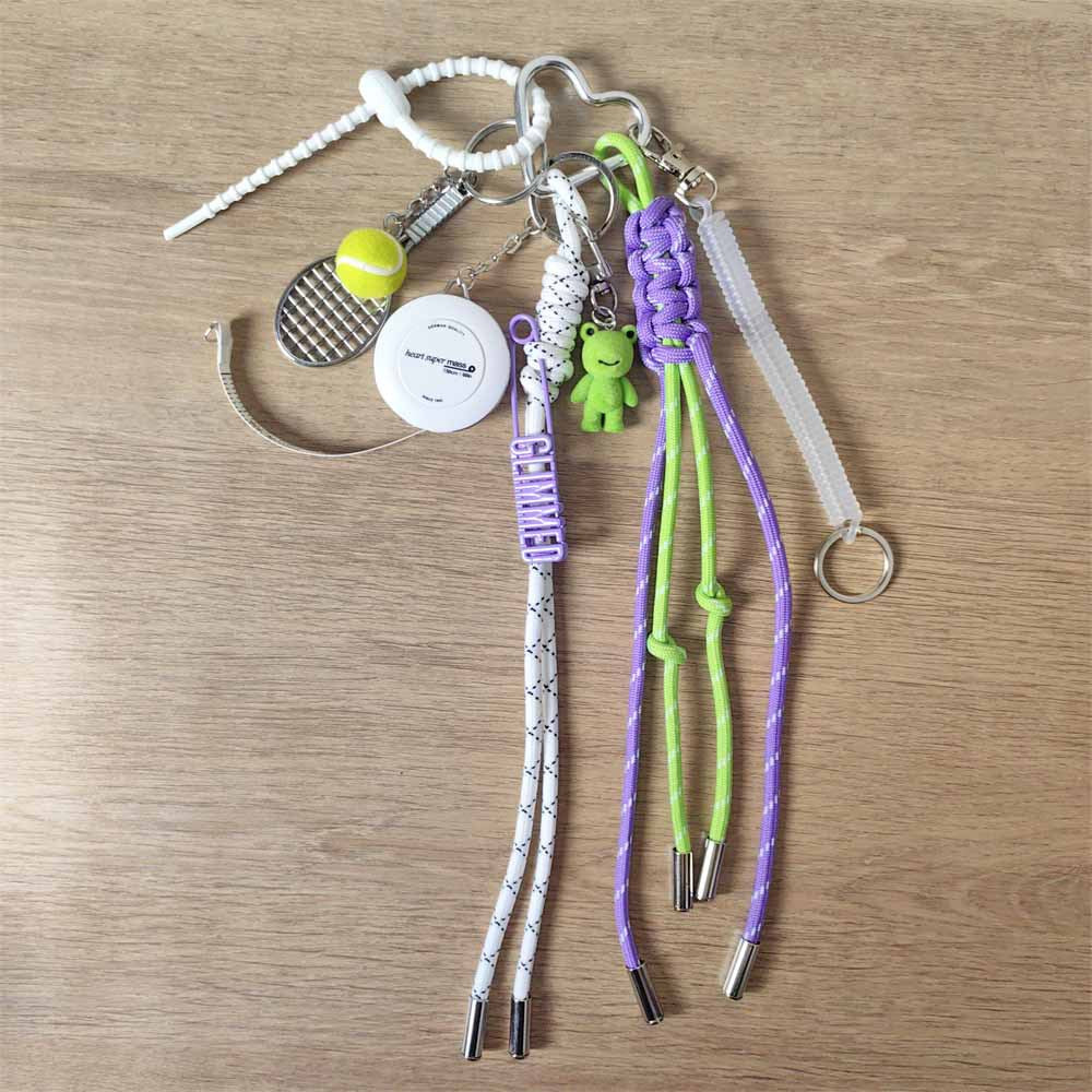 Adorable Fruit Green Crocheted Rope Tennis Racket Keychain with Cute Frog Charm