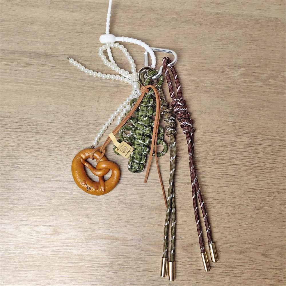 Christmas Tree Braided Rope bag charm with Alkaline Water Bread Knots Pearl Bow Keychains