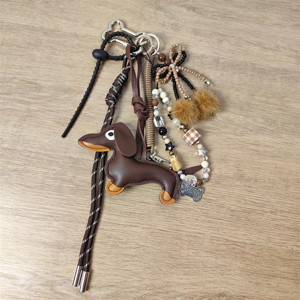 Maximalism Brown Series Sausage Dog Charm with Bow and Pom-Pom
