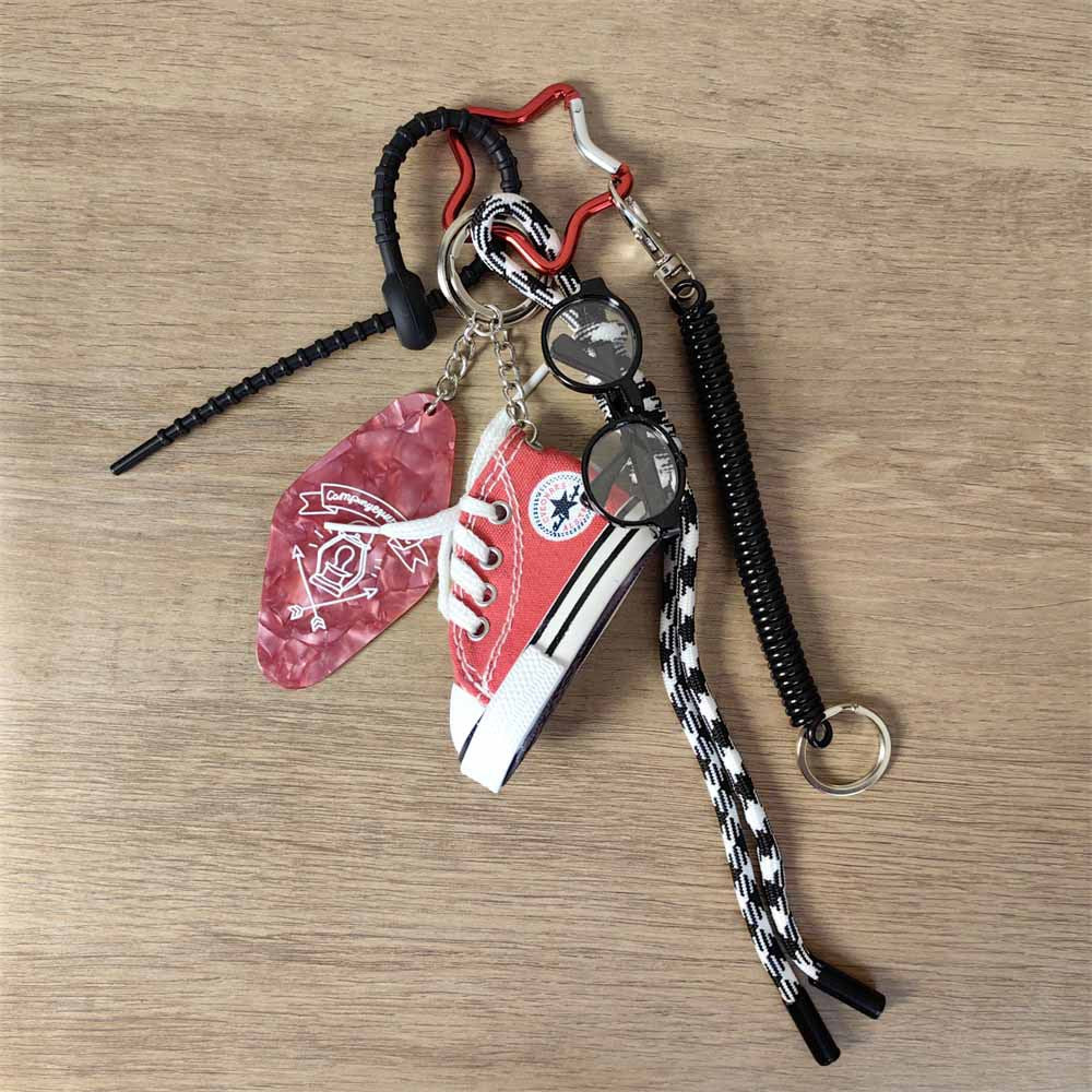 Vintage Campus Red Canvas Shoe Keychain with Black Rimmed Glasses Hotel Tag Bag Charm