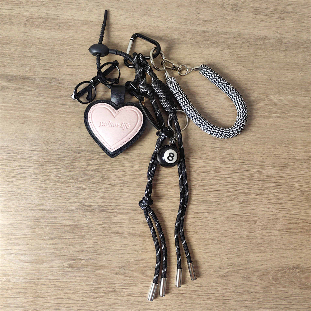 Pink Leather Heart Charm with Mini Glasses Keychain & Bag Accessory