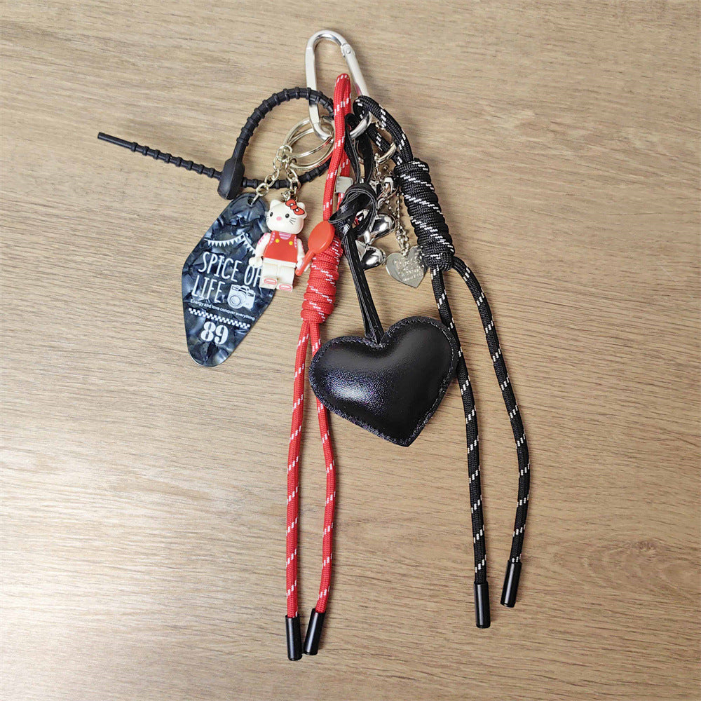 Adorable KT Cat Puzzle Keychain with Hotel Nameplate & Black Leather Heart Bag Charm for Girls
