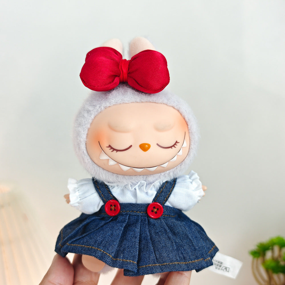 Outfits for 17cm Labubu -  Cute Party Style Denim Overalls Dress Set with Big Bow