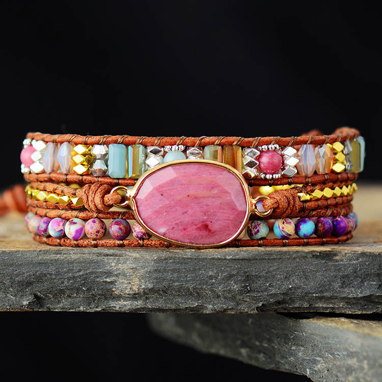 Rhodochrosite Woven Wrap Bracelet - Healing and Calmness