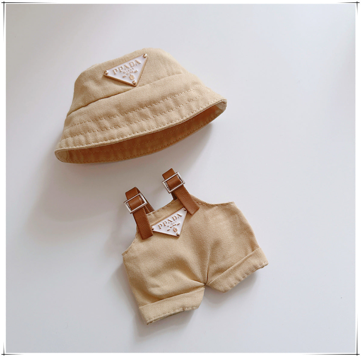 Doll Clothes for 17cm Labubu & 10cm Cotton Doll Lulu Pig Outfits - Overalls & Fisherman Hat Set