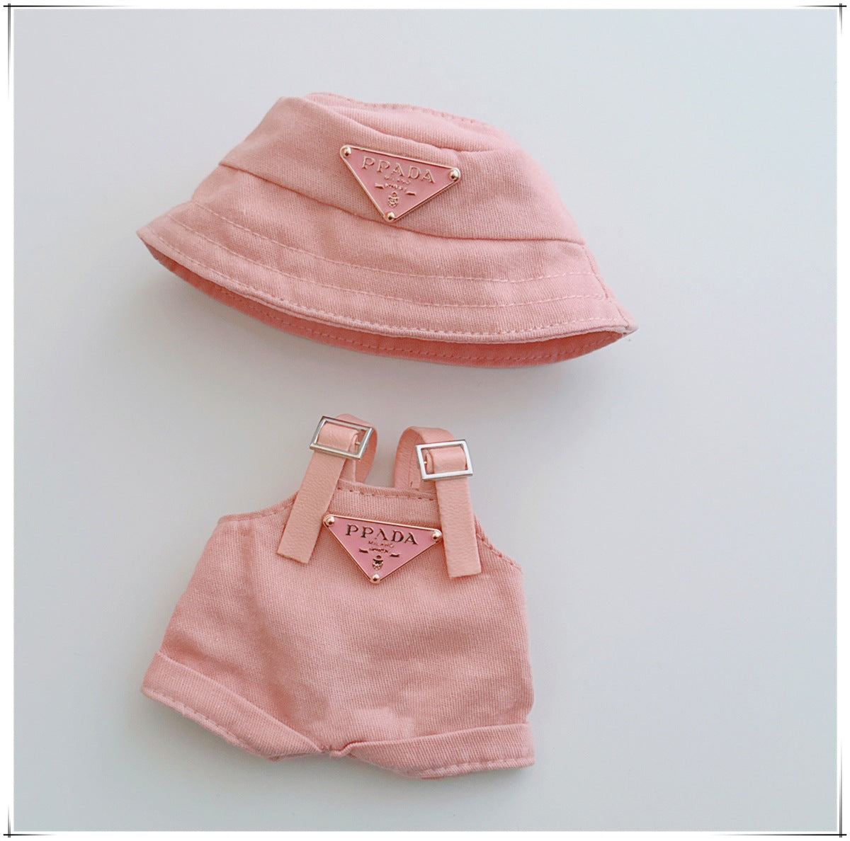 Doll Clothes for 17cm Labubu & 10cm Cotton Doll Lulu Pig Outfits - Overalls & Fisherman Hat Set